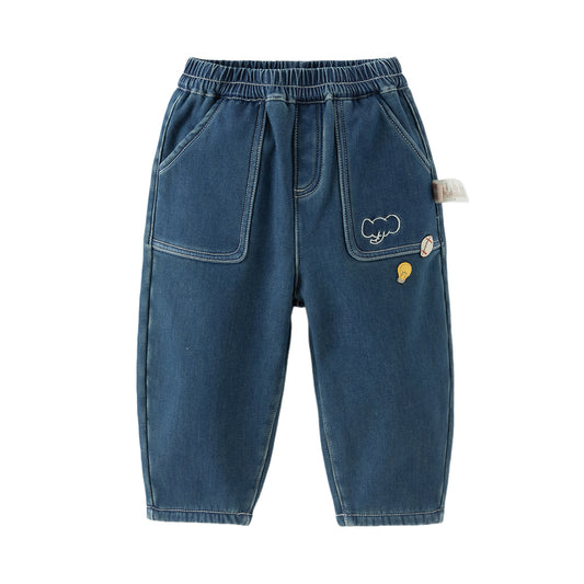Dave&Bella Toddler Boys Comfortable Denim Blue Plush-lined Loose Jeans