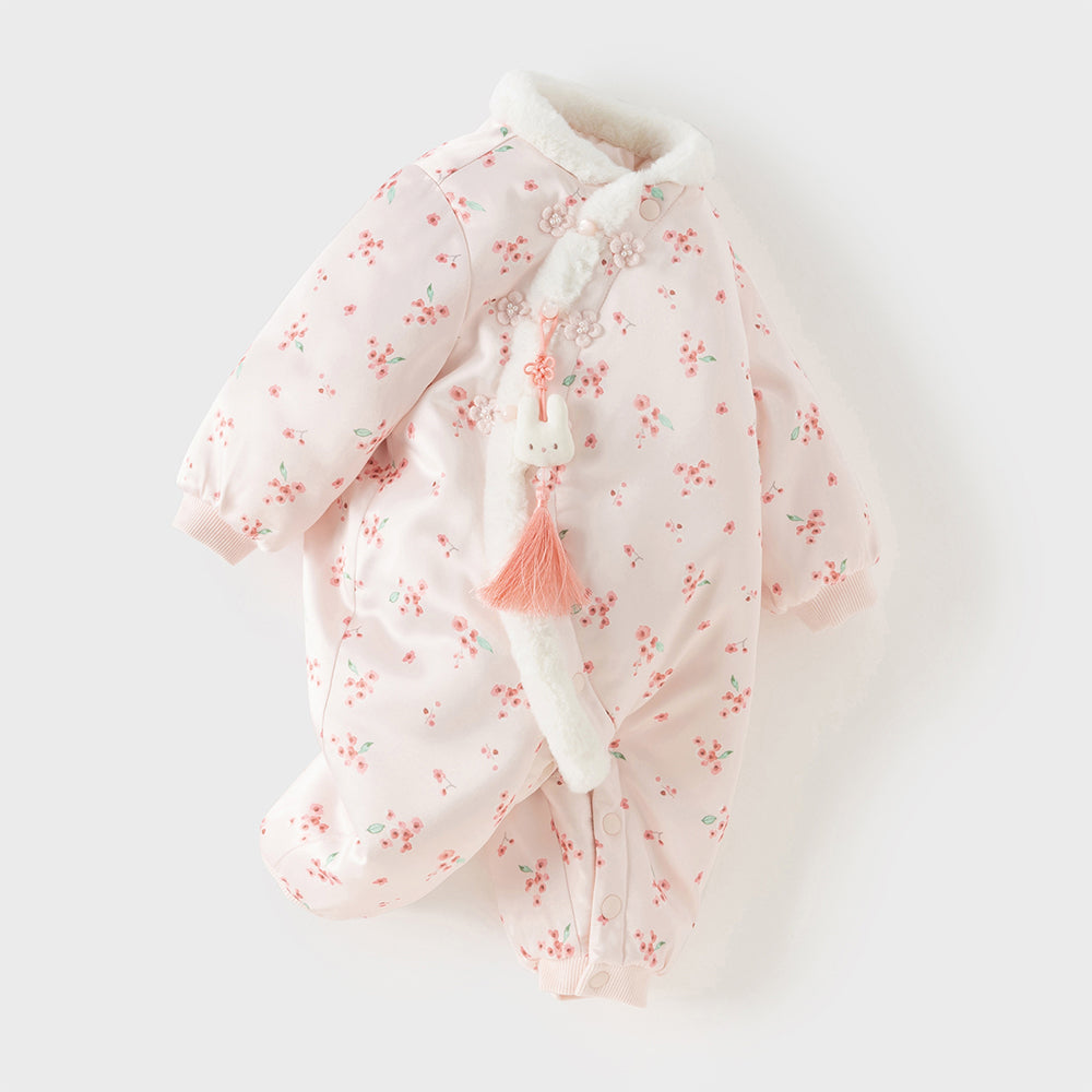Dave&Bella Baby Girls Pink Plum Blossom Print Plush Turtle Cozy Padded Rompers