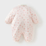 Dave&Bella Baby Girls Pink Plum Blossom Print Plush Turtle Cozy Padded Rompers