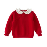 Dave&Bella Kids Girls Festival Red Doll Collar Long-sleeved Pullover Sweaters Tops