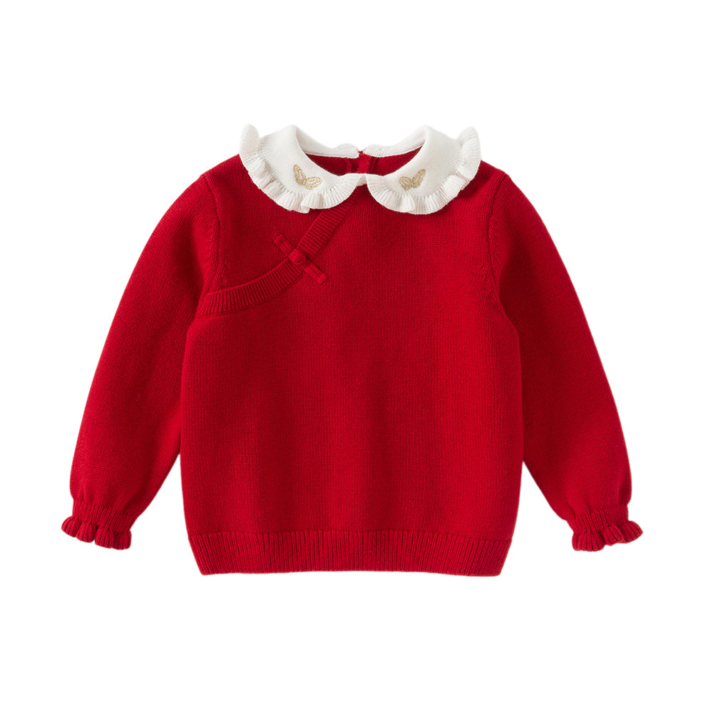 Dave&Bella Kids Girls Festival Red Doll Collar Long-sleeved Pullover Sweaters Tops