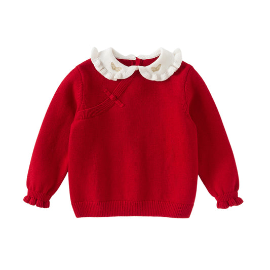 Dave&Bella Kids Girls Festival Red Doll Collar Long-sleeved Pullover Sweaters Tops