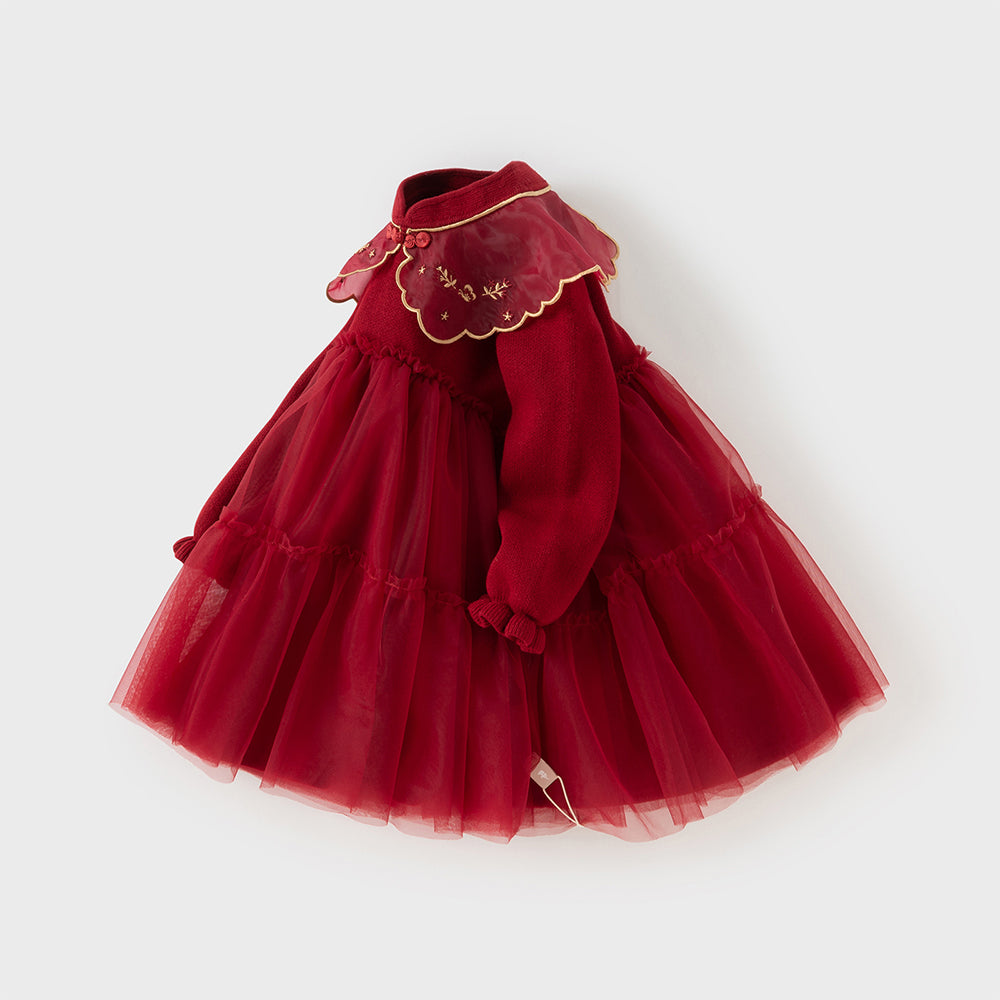 Dave&Bella Toddler Girls Cozy Chinese-style Dark Red Mesh Princess Sweater Dresses