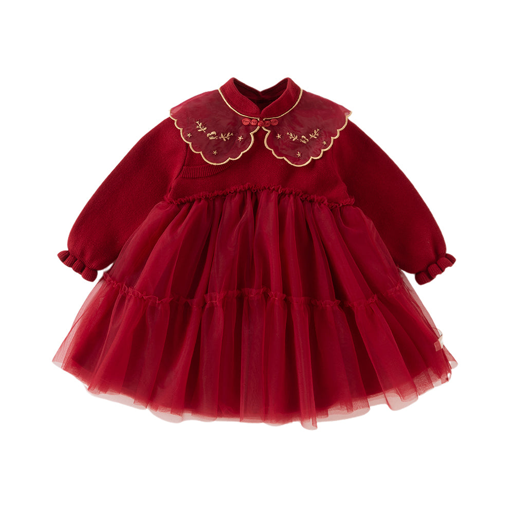 Dave&Bella Toddler Girls Cozy Chinese-style Dark Red Mesh Princess Sweater Dresses