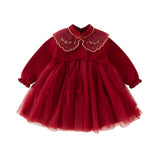 Dave&Bella Toddler Girls Cozy Chinese-style Dark Red Mesh Princess Sweater Dresses