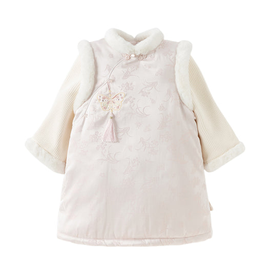 Dave&Bella Toddler Girls Light Pink Chinese-style Plush Turtle Warm Padded Party Dress