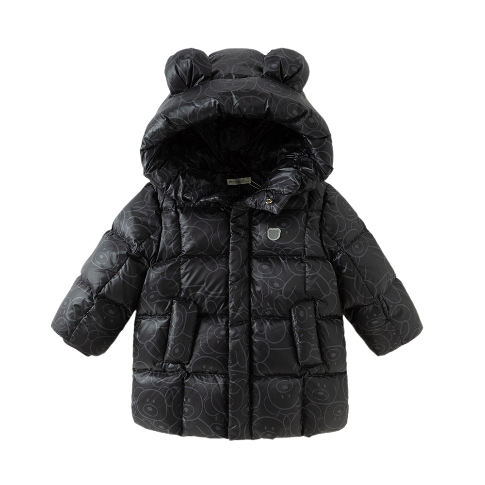 Dave&Bella Toddler Boys Winter Outwear Black Bear Print Mid-Length Hooded Down Coats
