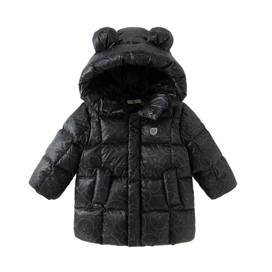 Dave&Bella Toddler Boys Winter Outwear Black Bear Print Mid-Length Hooded Down Coats