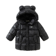 Dave&Bella Toddler Boys Winter Outwear Black Bear Print Mid-Length Hooded Down Coats