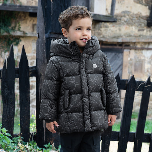 Dave&Bella Toddler Boys Winter Outwear Black Bear Print Mid-Length Hooded Down Coats