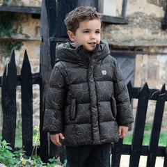 Dave&Bella Toddler Boys Winter Outwear Black Bear Print Mid-Length Hooded Down Coats