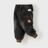 Dave&Bella Toddler Boys Black Drawstring Loose Cozy Plush-lined Jeans