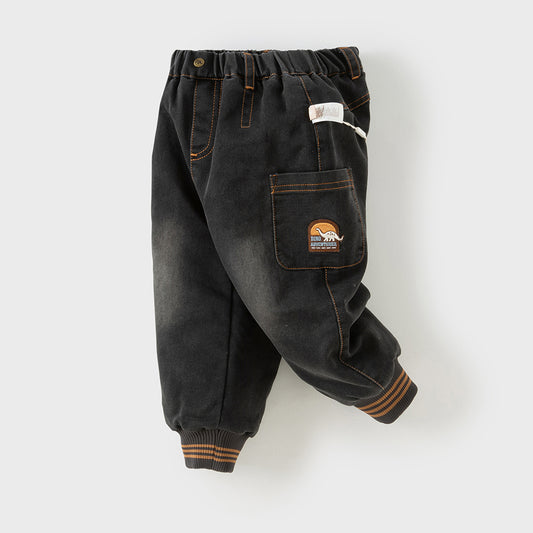 Dave&Bella Toddler Boys Black Drawstring Loose Cozy Plush-lined Jeans