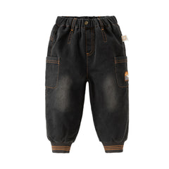 Dave&Bella Toddler Boys Black Drawstring Loose Cozy Plush-lined Jeans