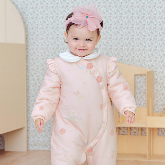Dave&Bella Baby Girls Cute Pink Print Doll Collar Indoor Warm Padded Rompers