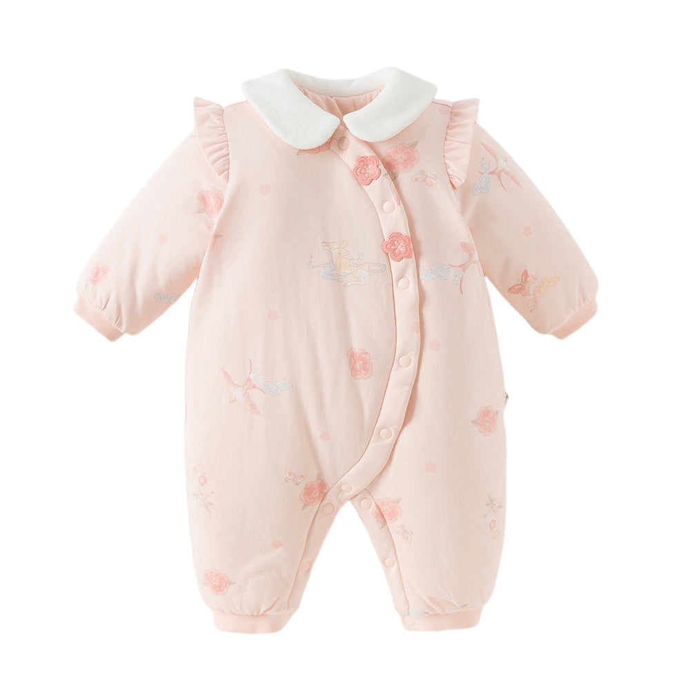 Dave&Bella Baby Girls Cute Pink Print Doll Collar Indoor Warm Padded Rompers