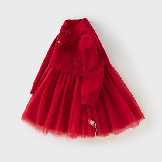 Dave&Bella Toddler Girls Classic Chinese-style Turtle Cozy A-line Mesh Dress