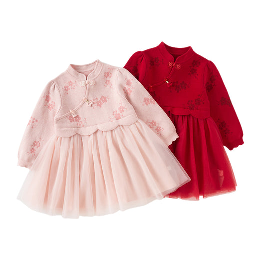 Dave&Bella Toddler Girls Classic Chinese-style Turtle Cozy A-line Mesh Dress