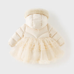 Dave&Bella Toddler Girls Winter Outdoor Windproof Mid-Length Beige Hooded Down Coats
