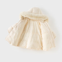 Dave&Bella Toddler Girls Winter Outdoor Windproof Mid-Length Beige Hooded Down Coats