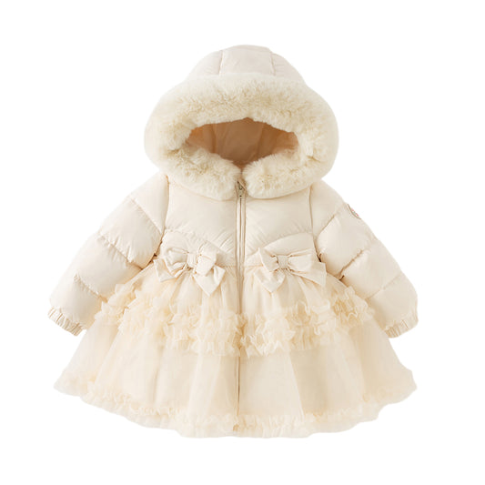 Dave&Bella Toddler Girls Winter Outdoor Windproof Mid-Length Beige Hooded Down Coats