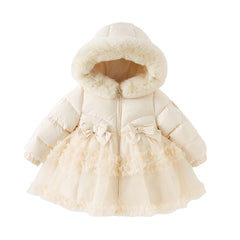 Dave&Bella Toddler Girls Winter Outdoor Windproof Mid-Length Beige Hooded Down Coats