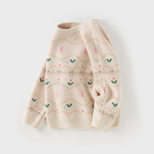 Dave&Bella Kids Girls Autumn Apricout Print Knit Cozy Pullover Sweaters Tops