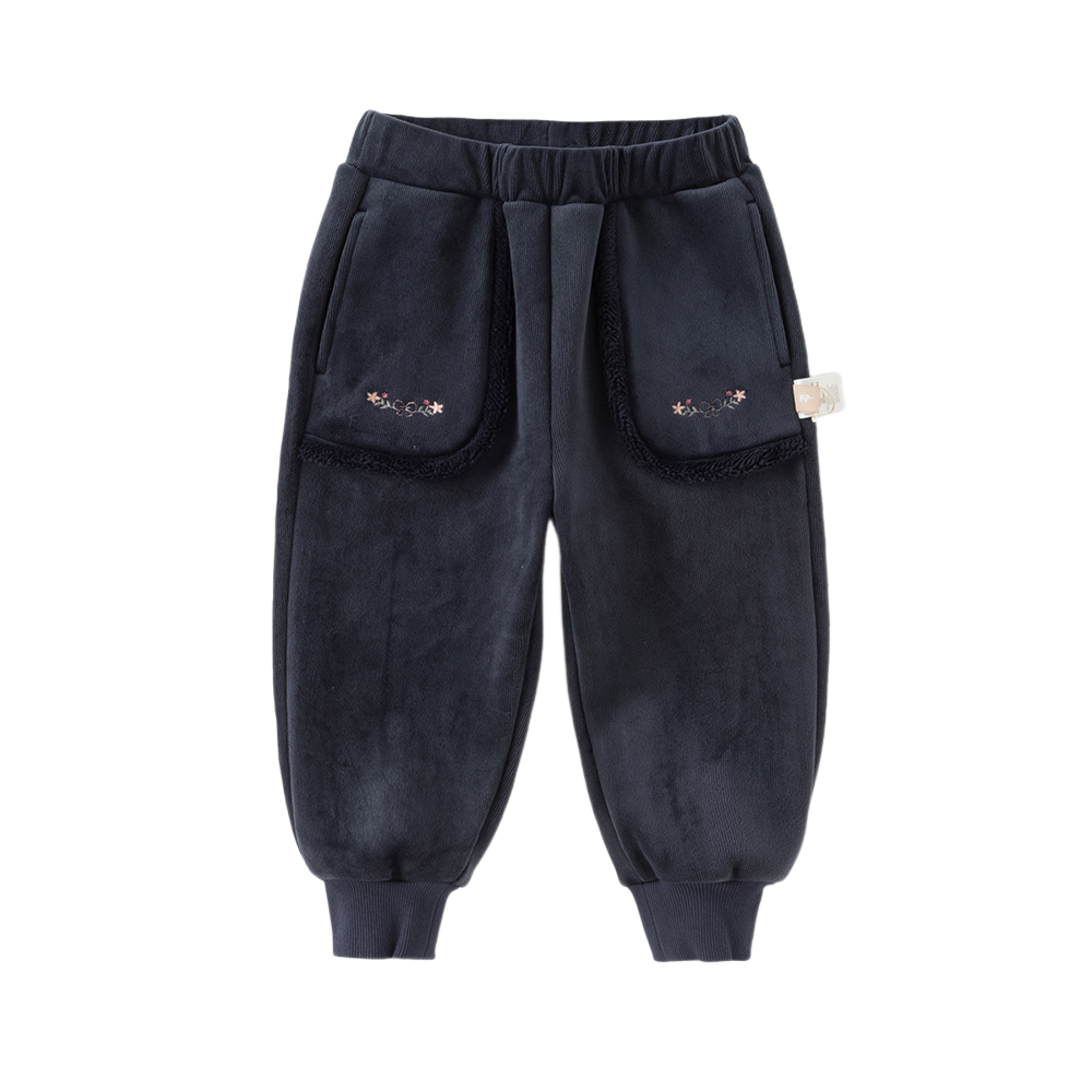 Dave&Bella Toddler Girls Beige/Navy Blue Loose Drawstring Plush-lined Sweatpants