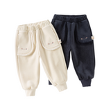 Dave&Bella Toddler Girls Beige/Navy Blue Loose Drawstring Plush-lined Sweatpants