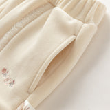 Dave&Bella Toddler Girls Beige/Navy Blue Loose Drawstring Plush-lined Sweatpants