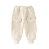 Dave&Bella Toddler Girls Beige/Navy Blue Loose Drawstring Plush-lined Sweatpants