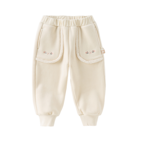 Dave&Bella Toddler Girls Beige/Navy Blue Loose Drawstring Plush-lined  Sweatpants