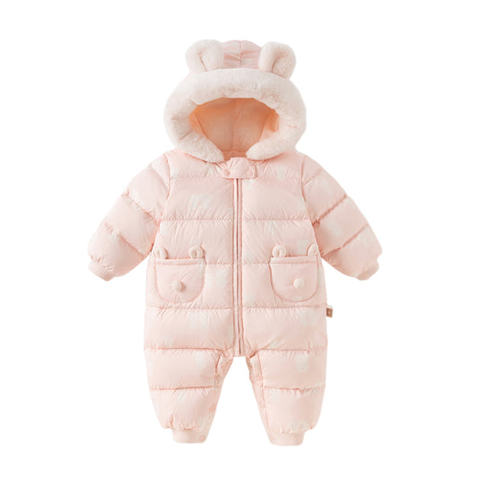 Dave&Bella Baby Girls/Boys Winter Cute Print Pink/Apricot Cozy Hooded Down Rompers