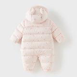 Dave&Bella Baby Girls Winter Cute Pink Bow-print Long Sleeve Cozy Hooded Down Rompers