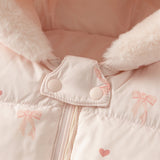 Dave&Bella Baby Girls Winter Cute Pink Bow-print Long Sleeve Cozy Hooded Down Rompers