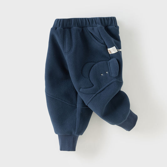 Dave&Bella Toddler Boys Casual Navy Blue Warm Plush-lined Drawstring Loose Pants