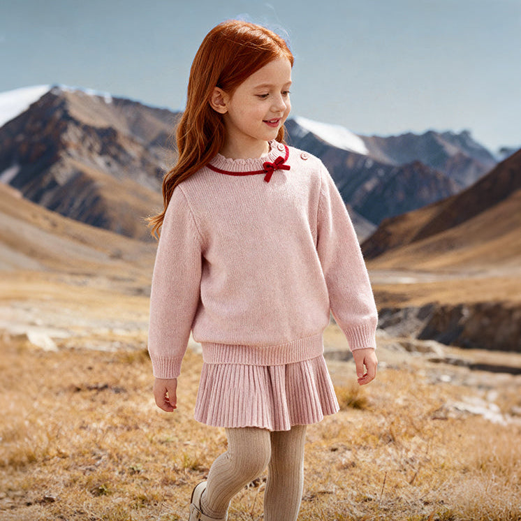 Dave&Bella Kids Girls Elegant Pink/Beige Versatile Pullover Soft Pure Cashmere Sweaters