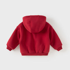 Dave&Bella Toddler Boys Festival Red Long-sleeved Hooded Outwear Plush-lined Coats