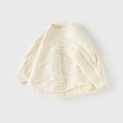 Dave&Bella Kids Girls Winter Elegant Pearl White Cape-style Knit Pullover Sweaters Tops