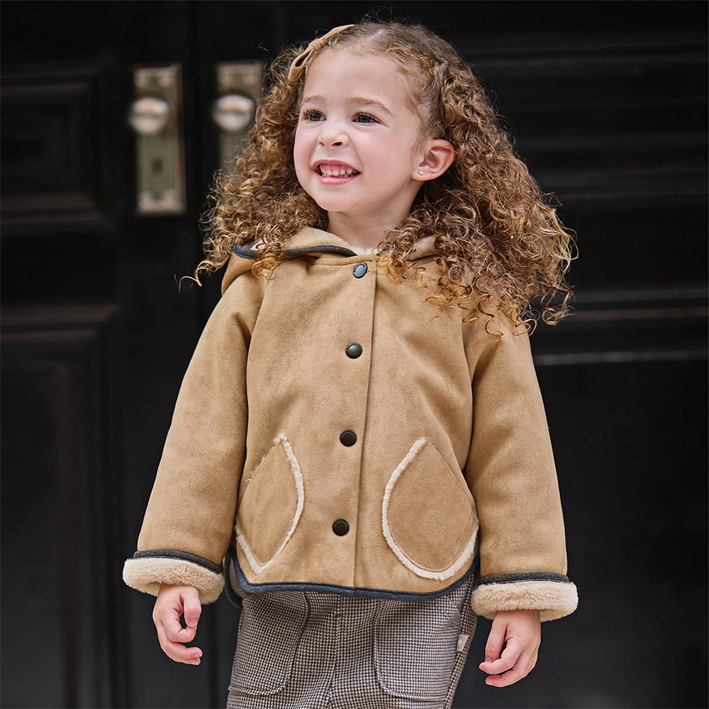Dave&Bella Toddler Girls Warm Dark Khaki Outwear Soft Hooded Suede Coats