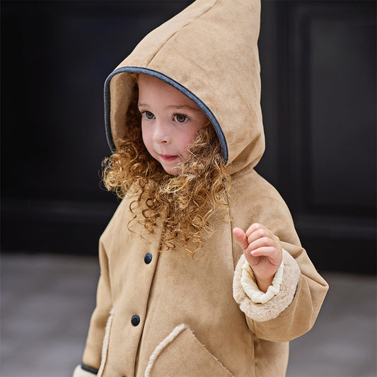 Dave&Bella Toddler Girls Warm Dark Kahki Outwear Soft Hooded Suede Coats
