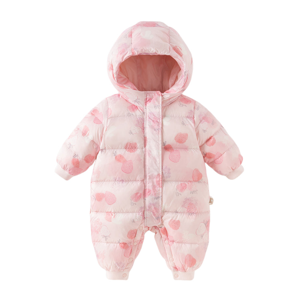 Dave&Bella Baby Girls Winter Cute Pink Strawberry Print Cozy Hooded Down Rompers