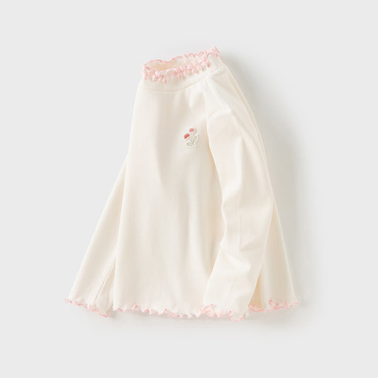 Dave&Bella Toddler Girls Beige/Pink Breathable Cotton Lace-turtle Soft T-shirt Tops