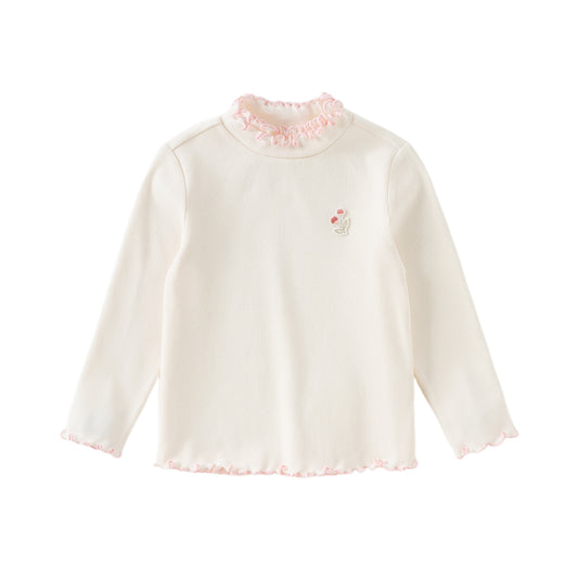 Dave&Bella Toddler Girls Beige/Pink Breathable Cotton Lace-turtle Soft T-shirt Tops