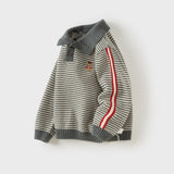 Dave&Bella Toddler Boys Grey Striped Cozy Cotton Preppy Style Polo Collar Sweaters