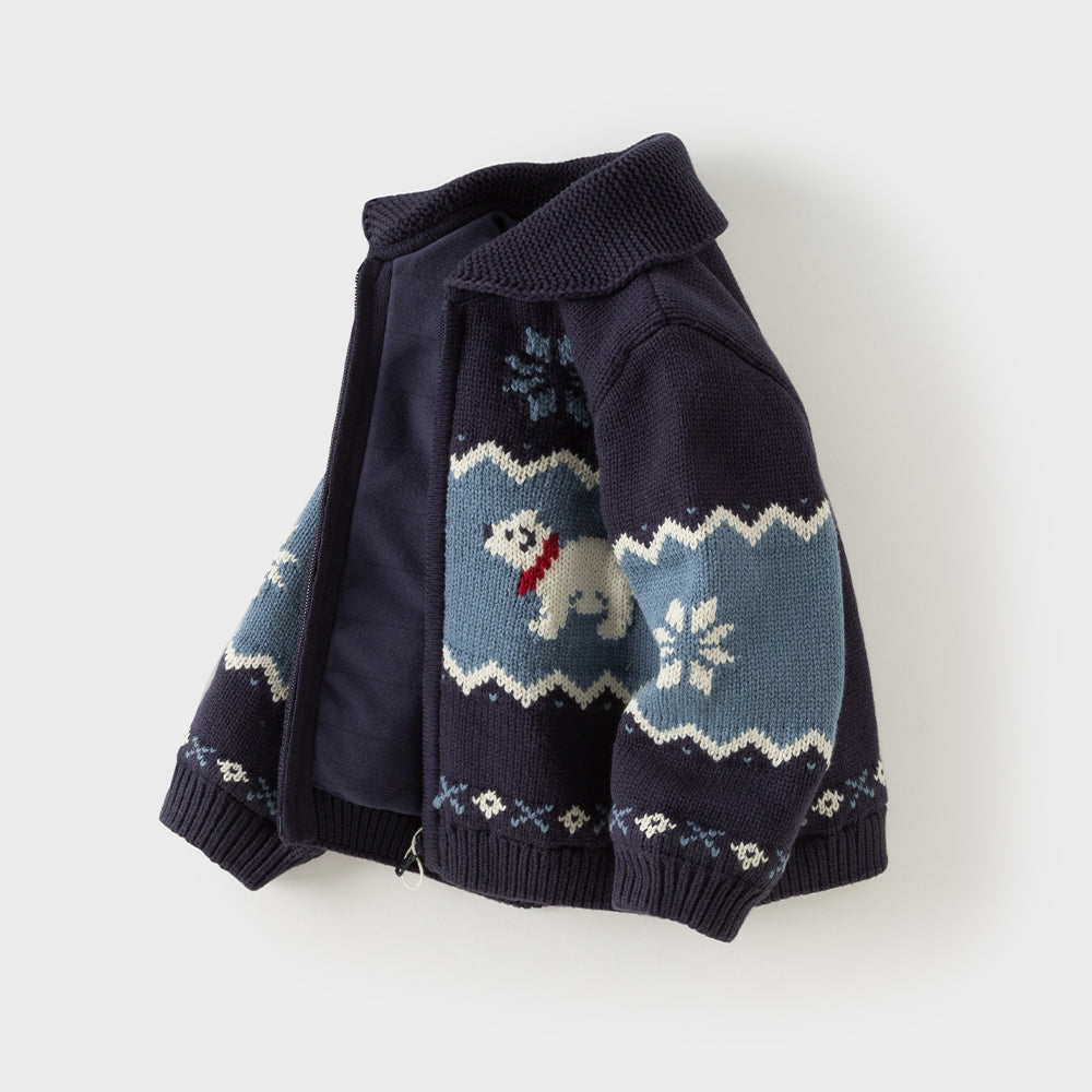 Dave&Bella Toddler Boys Navy Cute Dog Jacquard Thickened Warm Cozy Cardigans