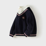 Dave&Bella Toddler Boys Navy Polo Collar Mock Two-Piece Cozy Cotton Sweaters