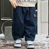 Dave&Bella Toddler Boys Denim Blue Classic Simple Versatile Fleece-Line Soft Jeans