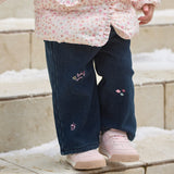 Dave&Bella Toddler Girls Denim Blue Charming Embroidery Fleece Straight Leg Jeans