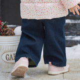 Dave&Bella Toddler Girls Denim Blue Charming Embroidery Fleece Straight Leg Jeans